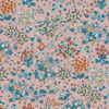 Liberty Autumn Woodland Bountiful Forest Rose fabric with stylised trees, flowers, and woodland details in teal, cream, and ochre on a soft rose pink background