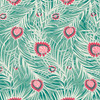 Liberty Wide Width collection Peacock Dance A cotton fabric with teal feather motifs and coral pink details on a green background