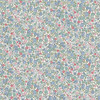 Makower UK Petite Fleur Rose Blue fabric with dense rose floral design in blue, teal, and pink on a cream cotton background