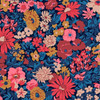 Liberty Wide Width collection Malvern Field A cotton fabric with layered coral, pink and ochre florals on a deep navy background