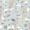 Nutex In The Meadow collection Rabbits Blue quilting fabric with illustrated rabbits, autumn leaves and berries on pale blue background
