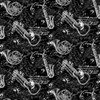 Nutex Instruments collection Instruments Black quilting fabric with monochrome musical instruments, sheet music and notes on black background