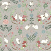 Nutex In The Meadow collection Wreath Grey quilting fabric with illustrated rabbits, florals and toadstools arranged in wreath motifs on grey background
