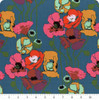 Northcott Fabrics Overdressed Paint Pouring Poppies teal poppy floral cotton with ruler showing large-scale vertical motif in inches