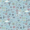 Light blue fabric featuring nautical icons like anchors, sailboats, and lighthouses from the High Tide Collection by Makower Fabrics