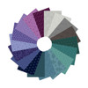 Moody Hues Fat Quarter Bundle 1 by Nancy Rink for Andover Fabrics featuring 18 tonal quilting fabrics in purples, blues and neutrals arranged in a circular fan