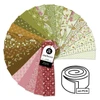 Rivermoore strip roll by Andover Fabrics featuring 40 pre-cut 2.5 inch fabric strips arranged in a fan with woodland prints in green, pink and brown tones