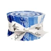 Amsterdam 2.5 inch strip roll with 25 blue and white fabric strips rolled and tied with Morris Works ribbon, featuring geometric, floral, striped and textured prints.