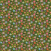 Christmas fabric with colourful baubles, hearts, stars and festive greenery on a deep green background from Makower’s Jolly St Nick collection