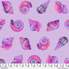Free Spirit Floral Reef Lil Shelly Ultraviolet fabric featuring colourful tropical shell motifs on a soft ultraviolet lavender background.