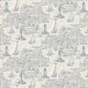 Cream fabric featuring a coastal village scene with lighthouses and sailboats from the High Tide Collection by Makower Fabrics