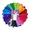 Saturday Stash Lots-a-Dots fat quarter bundle by Brandon Mably for Free Spirit Fabrics displayed in a circular rainbow arrangement with 21 colourful dot print fabrics