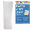 Roll of Matilda's Own 80/20 Cotton Poly Quilt Wadding with its blue product label displayed beside. The label highlights its composition of 80% cotton and 20% polyester, and includes icons noting features such as "Machine Washable," "Medium Loft," and "Made in Australia." The wadding width is marked as 2.4 metres. Additional details include a stitch distance of up to 10 inches, a shrinkage rate of 2.5%, and a note on its suitability for people with allergies. The bottom of the label features the Victorian Textiles logo and care instructions.