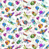 Luminous Insects fabric with rainbow-coloured insects on white background by Nutex.