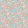 Liberty Everlasting Collection Arley Rose B quilting fabric featuring aqua blue and blush pink flowers with olive green foliage on an ivory background.