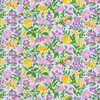 Liberty Everlasting Collection Mamie Flower A quilting fabric featuring yellow, lavender and pink flowers with green foliage on a pale blue background.