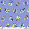 Free Spirit Floral Reef Lil Shelly Marine fabric featuring detailed tropical sea shell motifs in aqua, blue, navy, and cream on a lavender-blue background.