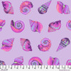 Free Spirit Floral Reef Lil Shelly Ultraviolet fabric featuring colourful tropical shell motifs on a soft ultraviolet lavender background.