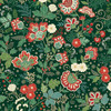 Makower UK Adorn Collection Bloom in Green metallic quilting fabric with forest green background, stylised floral motifs, holly leaves and red berries.