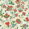 Makower UK Adorn Collection Bloom in Cream metallic quilting fabric with cream background, stylised floral motifs, holly leaves and red berries.