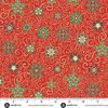Makower UK Adorn Collection Star in Red metallic quilting fabric shown with ruler for scale, featuring red background, decorative stars, swirling vines and metallic accents.