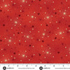 Makower UK Adorn Collection Sparkle in Red metallic quilting fabric shown with ruler for scale, featuring crimson red background, gold stars and delicate dotted constellations.