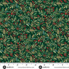 Makower UK Adorn Collection Holly in Green metallic quilting fabric shown with ruler for scale, featuring forest green background, holly leaves, winter foliage and red berries.
