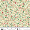 Makower UK Adorn Collection Holly in Cream metallic quilting fabric shown with ruler for scale, featuring cream background, holly leaves, winter foliage and red berries.