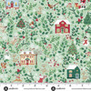 Makower UK Country Christmas Cottages in Green quilting fabric with festive cottages, woodland animals, holly and greenery on a soft green background shown with a ruler for scale.