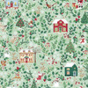 Makower UK Country Christmas Cottages in Green quilting fabric featuring festive cottages, woodland animals, holly and greenery on a soft green background.