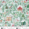 Makower UK Country Christmas Cottages in Blue quilting fabric featuring festive cottages, woodland animals, holly and greenery on a soft blue background with ruler for scale
