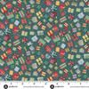 Makower UK Country Christmas Presents in Green quilting fabric featuring colourful wrapped Christmas presents, gift boxes and golden stars on a rich green background with ruler for scale