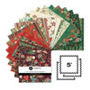 Makower UK Adorn Collection 5-inch Charm Pack showing 42 manufacturer-cut metallic quilting fabric squares with coordinating festive prints displayed in a fan arrangement.