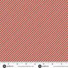 Makower UK The Nutcracker Collection Candy Cane Stripe Red fabric with fine diagonal red, white and green candy cane stripes shown with a ruler for scale.