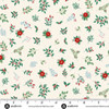Makower UK The Nutcracker Collection Foliage Cream fabric with red flowers, green holly, berries and winter foliage on cream, shown with a ruler for scale.