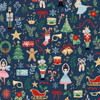 Makower UK The Nutcracker Collection Fairytale Blue fabric with Nutcrackers, ballerinas, Christmas trees, sleighs and festive motifs on deep blue.