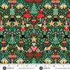 Makower UK The Nutcracker Collection Sugar Plum Green fabric with Nutcrackers, dancers, rocking horses and festive motifs on deep green, shown with a ruler for scale.