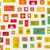 Colourful rectangular icons and motifs arranged in a grid on soft white, from the Color Wheel collection by Alison Glass