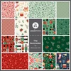 Makower UK The Nutcracker Collection fabric swatches featuring Nutcracker soldiers, festive stars, candy cane stripes, winter foliage and Christmas motifs in red, green, cream and blue.