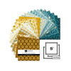 Oakleigh 5 inch charm pack by Judy Jarvi for Andover Fabrics showing 42 manufacturer-cut quilting squares with birds, florals, foliage and checks in teal, blue, gold, cream and brown.