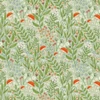 Nutex Whimsical Fields Flower Field quilting fabric with wildflowers, leafy green stems and orange spotted toadstools on a soft green background