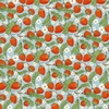 Nutex Whimsical Fields Strawberries quilting fabric with red strawberries, green leaves and small white flowers on a pale blue background