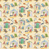Nutex Beach Huts cotton fabric with colourful striped beach huts, deckchairs, seagulls, shore birds and crabs on a warm cream background