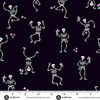 Andover Fabrics Ghostly Garden Skeleton Jig in Black cotton fabric with dancing white skeletons and pink flowers on black, shown with ruler for scale