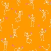 Andover Fabrics Ghostly Garden Skeleton Jig in Orange cotton fabric with dancing white skeletons, bright pink flowers and turquoise details on pumpkin orange