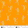 Andover Fabrics Ghostly Garden Skeleton Jig in Orange cotton fabric with white skeletons and pink flowers on pumpkin orange, shown with ruler for scale