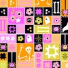 Andover Fabrics Ghostly Garden Sew Spooky Pink cotton fabric with colourful patchwork blocks featuring ghosts, skeletons, spiders, bones and flowers
