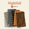 Nightfall fabric collection by Andover Fabrics featuring orange paisley, crescent moon, black, grey and cream prints