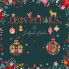 Thread & Ink Designs Deck The Halls Deck the Halls teal cotton fabric with colourful folk-art animals, figures, trees and festive motifs, shown with ruler for scale
