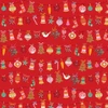 Thread & Ink Designs Deck The Halls Garlands red cotton fabric with colourful Christmas baubles, bells, stockings, stars, hearts and festive motifs